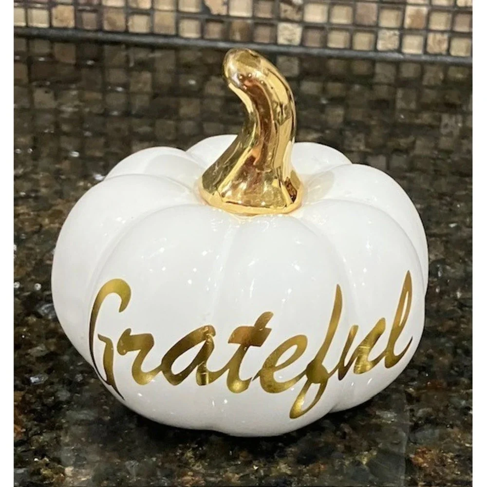 Fall Pumpkins Set of 3 White Ceramic with Gold Script Blessed Grateful Thankful